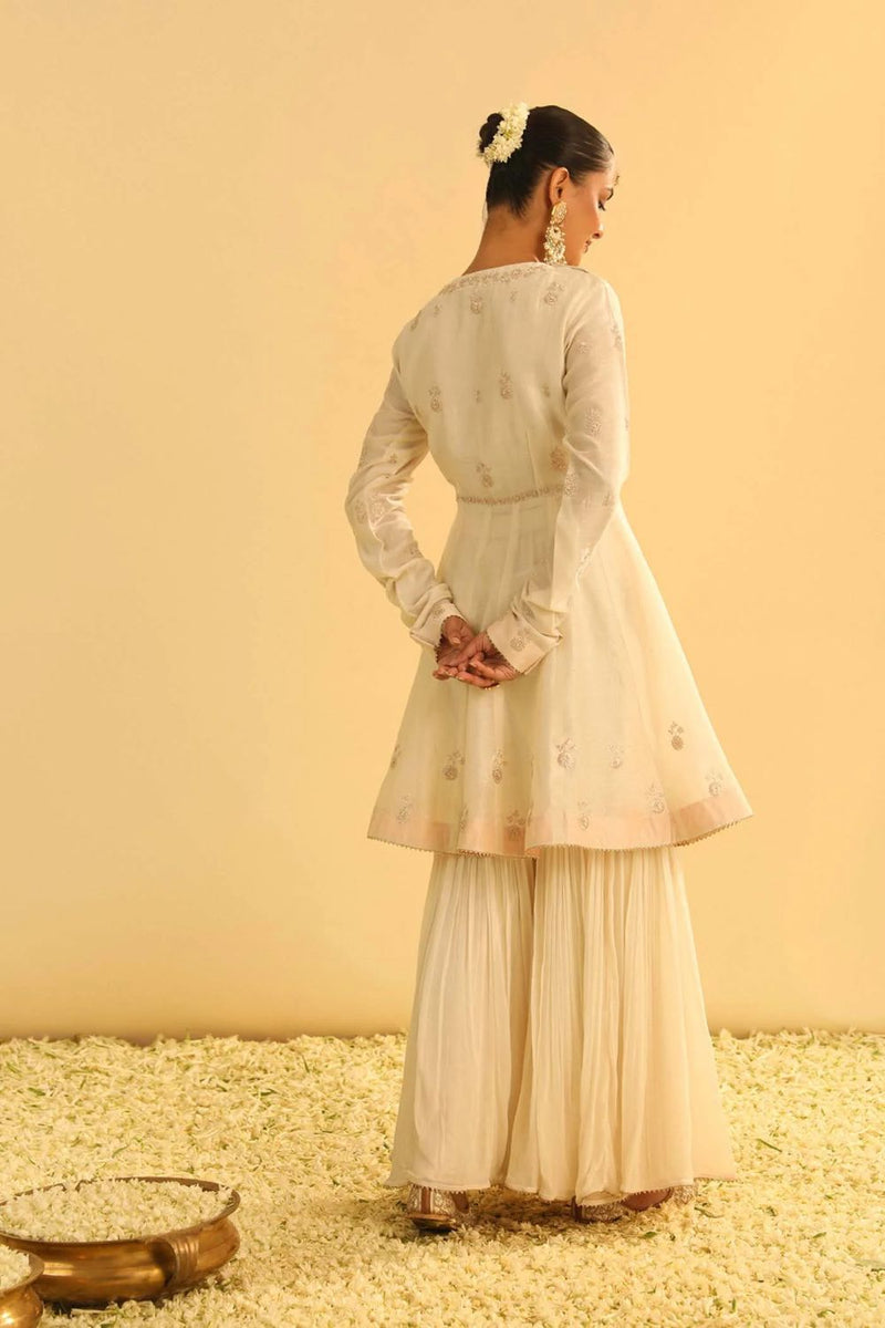 Shahana Peplum kurta with garara and dupatta-Daisy ivory silk by SHEETAL BATRA in ivory color for women in Singapore