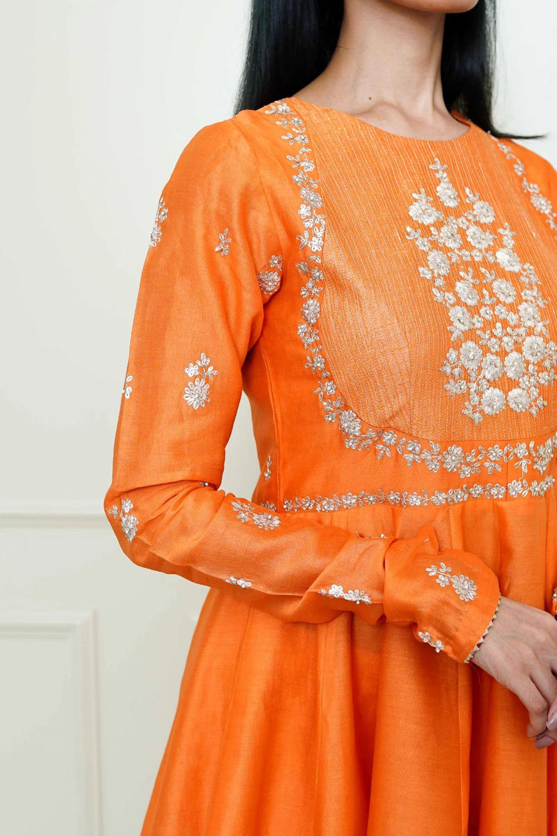 Shahana Peplum kurta with garara and dupatta-Pumpkin orange & scarlet red silk by SHEETAL BATRA in orange color for women in Singapore