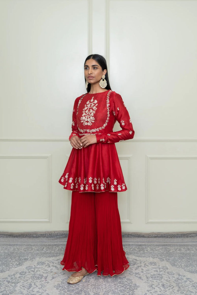 Shahana Peplum kurta with garara and dupatta-Scarlet red & pumpkin orange silk by SHEETAL BATRA in red color for women in Singapore