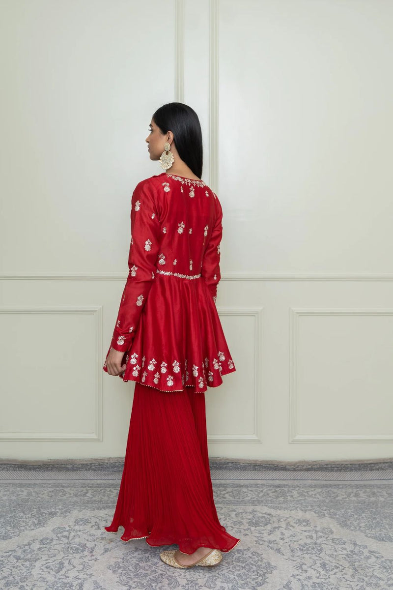 Shahana Peplum kurta with garara and dupatta-Scarlet red & pumpkin orange silk by SHEETAL BATRA in red color for women in Singapore
