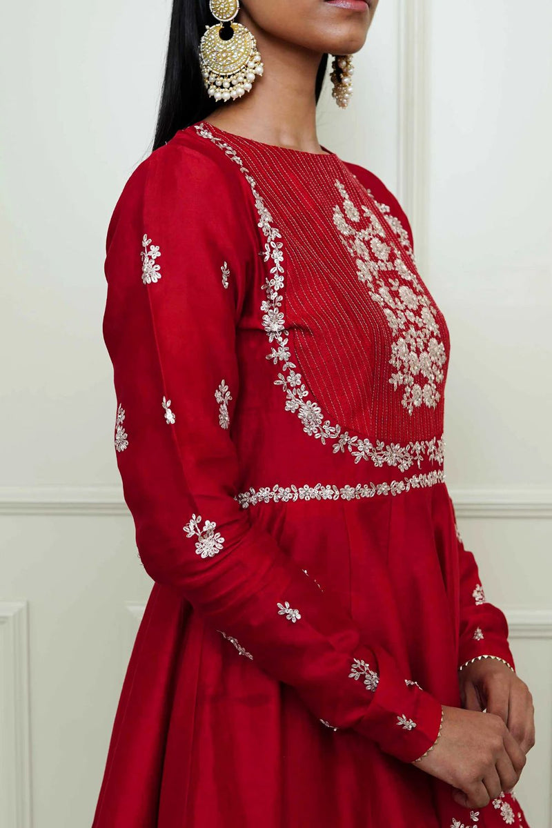 Shahana Peplum kurta with garara and dupatta-Scarlet red & pumpkin orange silk by SHEETAL BATRA in red color for women in Singapore