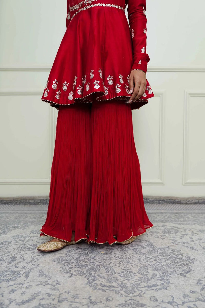 Shahana Peplum kurta with garara and dupatta-Scarlet red & pumpkin orange silk by SHEETAL BATRA in red color for women in Singapore
