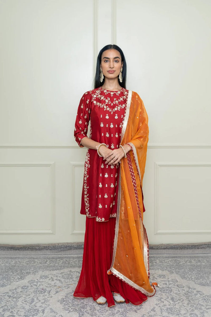 Shahira A-Line kurta with garara and dupatta-Scarlet Red & Pumpkin Orange silk by SHEETAL BATRA in red color for women in Singapore