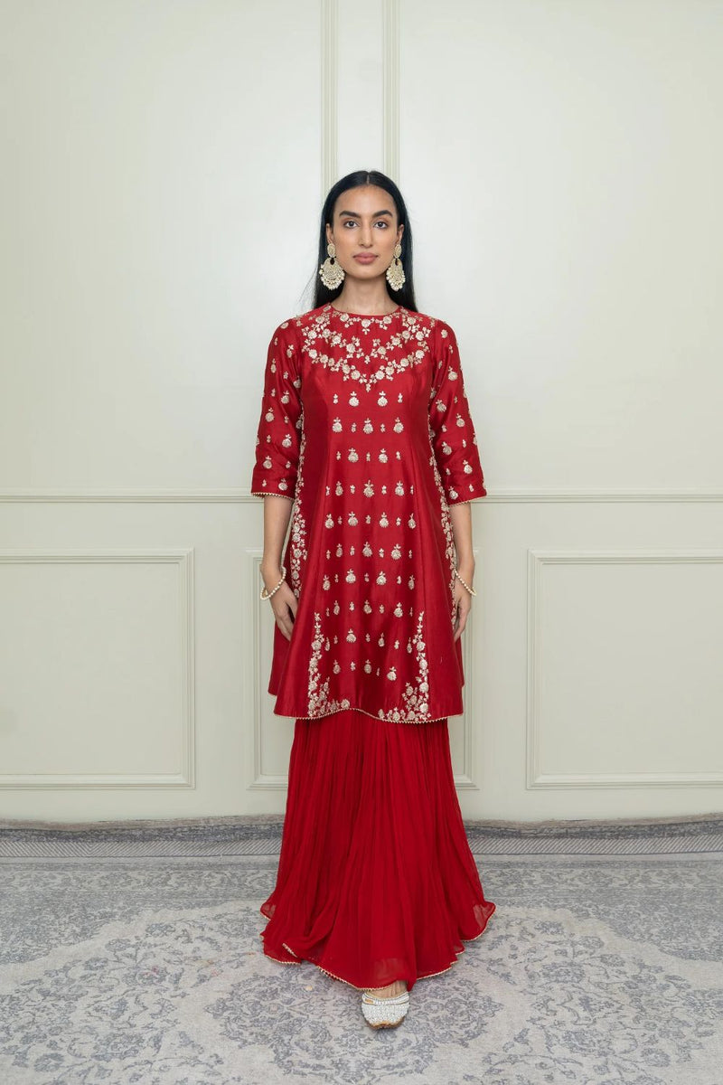 Shahira A-Line kurta with garara and dupatta-Scarlet Red & Pumpkin Orange silk by SHEETAL BATRA in red color for women in Singapore