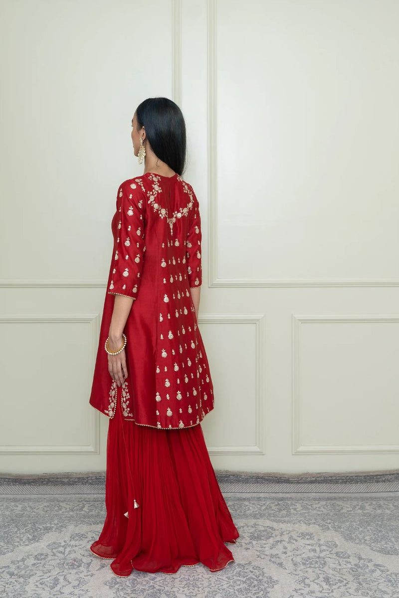 Shahira A-Line kurta with garara and dupatta-Scarlet Red & Pumpkin Orange silk by SHEETAL BATRA in red color for women in Singapore