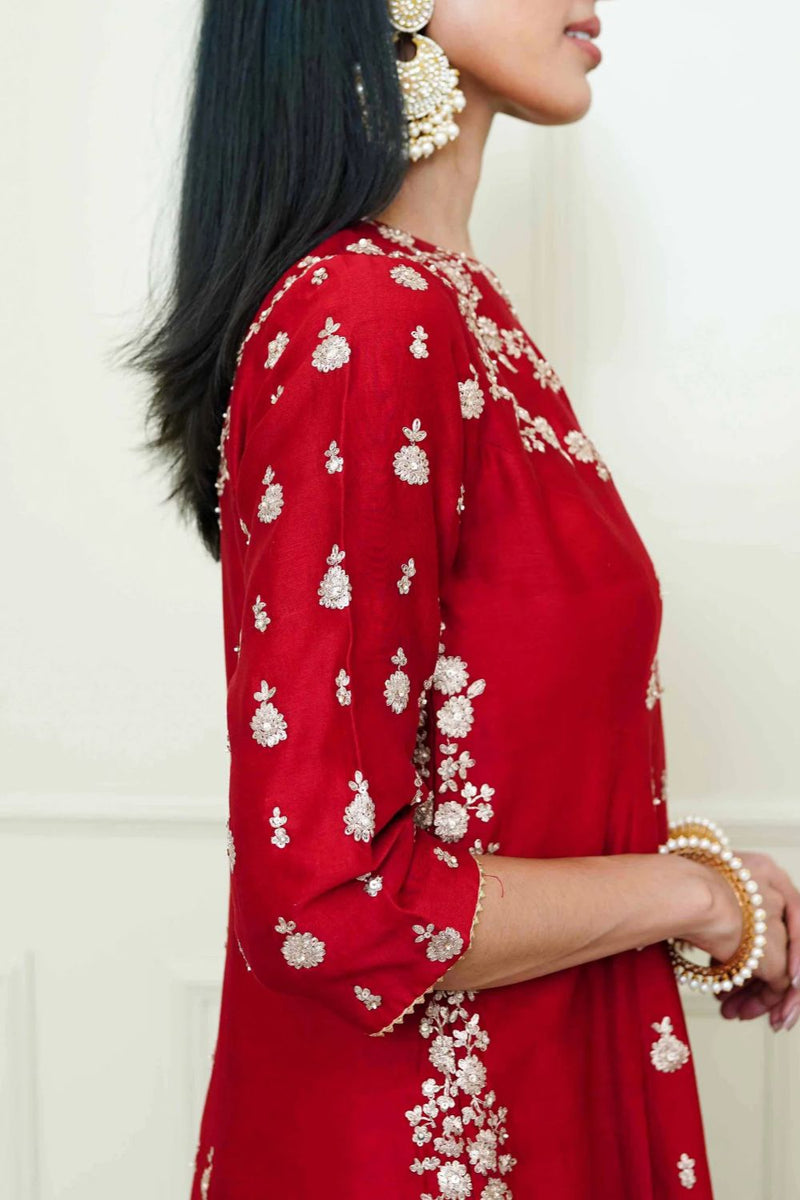 Shahira A-Line kurta with garara and dupatta-Scarlet Red & Pumpkin Orange silk by SHEETAL BATRA in red color for women in Singapore