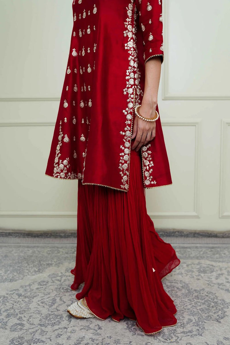 Shahira A-Line kurta with garara and dupatta-Scarlet Red & Pumpkin Orange silk by SHEETAL BATRA in red color for women in Singapore