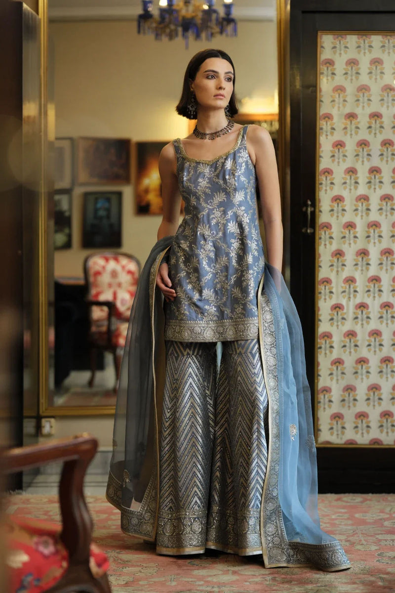 ‘Shama’ Banarasi munga silk chevron gharara georgette kurta/kurta set by Malika Mathur in blue grey for women in Singapore