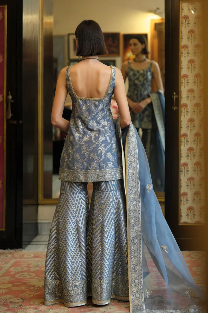 ‘Shama’ Banarasi munga silk chevron gharara georgette kurta/kurta set by Malika Mathur in blue grey for women in Singapore