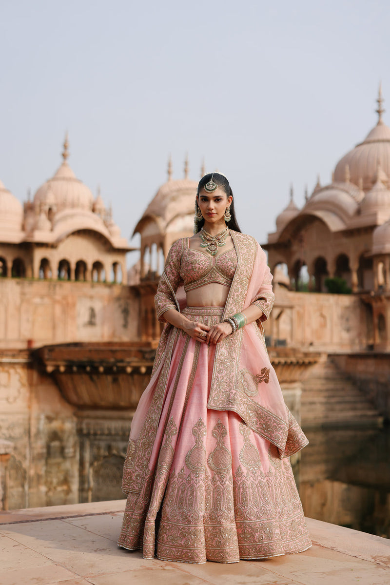 Jannah-Pink Lehenga Set With Blouse And Dupatta raw silk lehenga sets by SHEETAL BATRA in pink for women in Singapore