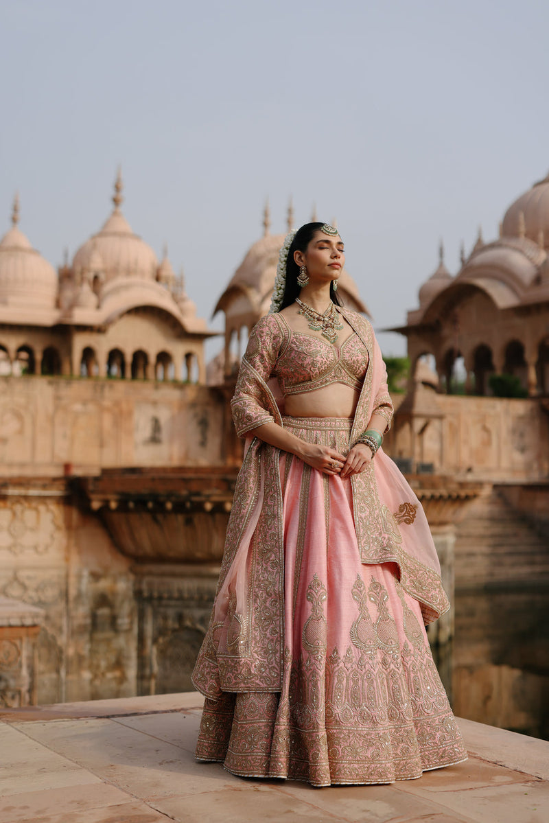 Jannah-Pink Lehenga Set With Blouse And Dupatta raw silk lehenga sets by SHEETAL BATRA in pink for women in Singapore