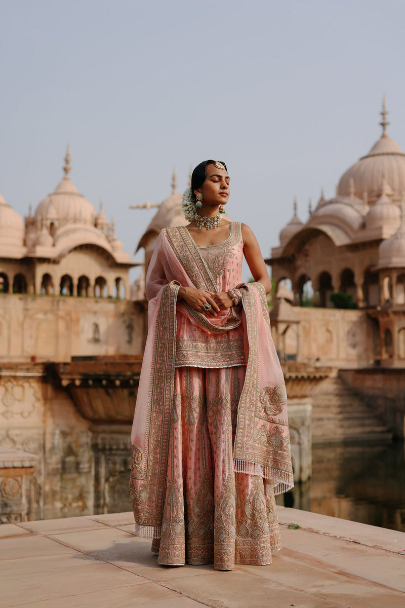 Tasnim-Pink Kurta Set With Sharara And Dupatta silk chanderi, silk organza kurta/kurta set by SHEETAL BATRA in pink for women in Singapore