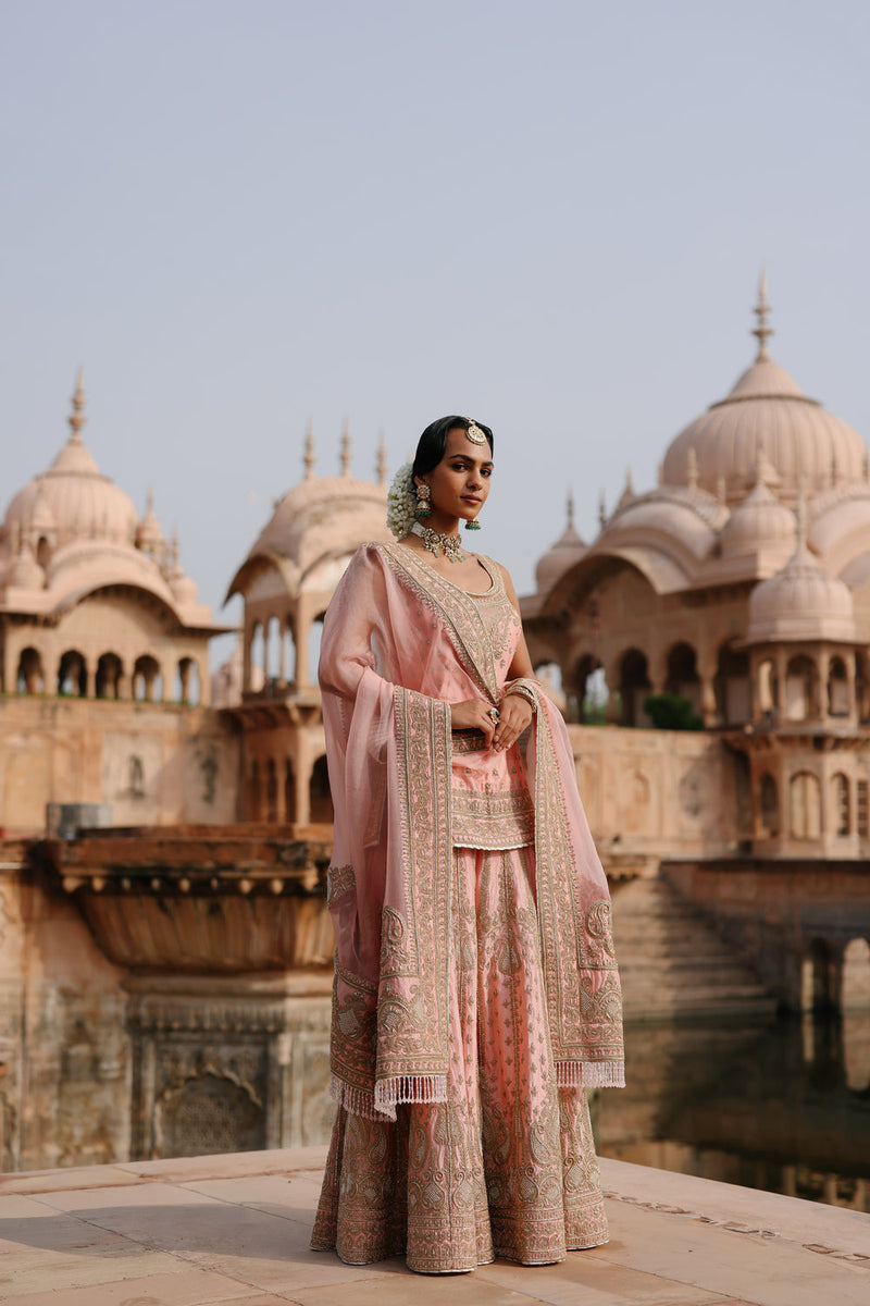 Tasnim-Pink Kurta Set With Sharara And Dupatta silk chanderi, silk organza kurta/kurta set by SHEETAL BATRA in pink for women in Singapore