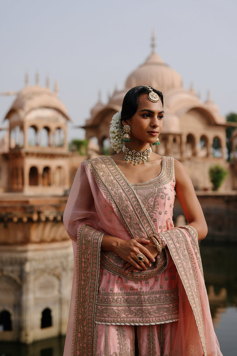 Tasnim-Pink Kurta Set With Sharara And Dupatta silk chanderi, silk organza kurta/kurta set by SHEETAL BATRA in pink for women in Singapore