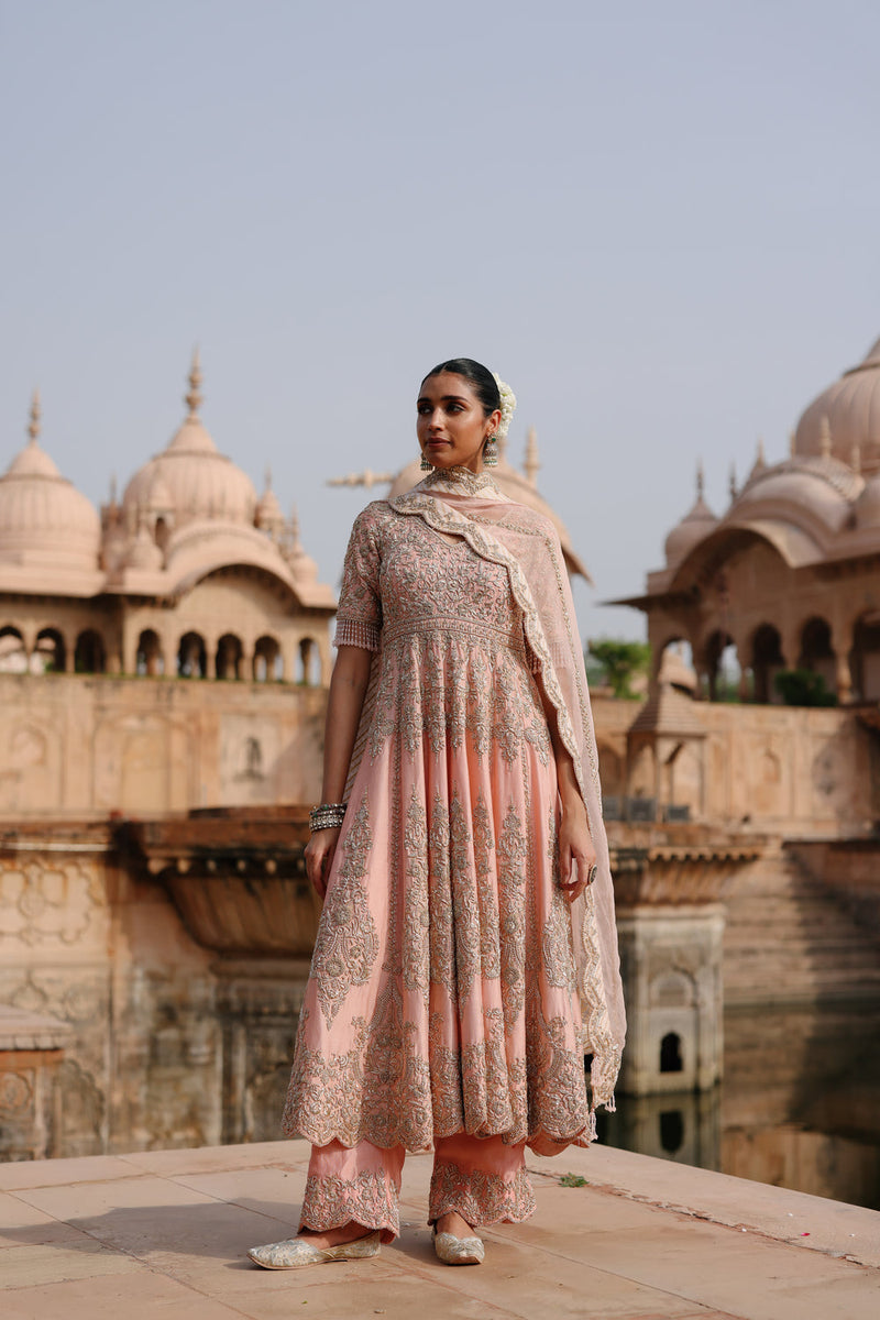 Mahrosh-Pink Kalidaar Anarkali Set With Palazzo And Dupatta silk chanderi, silk organza kurta/kurta set by SHEETAL BATRA in pink for women in Singapore