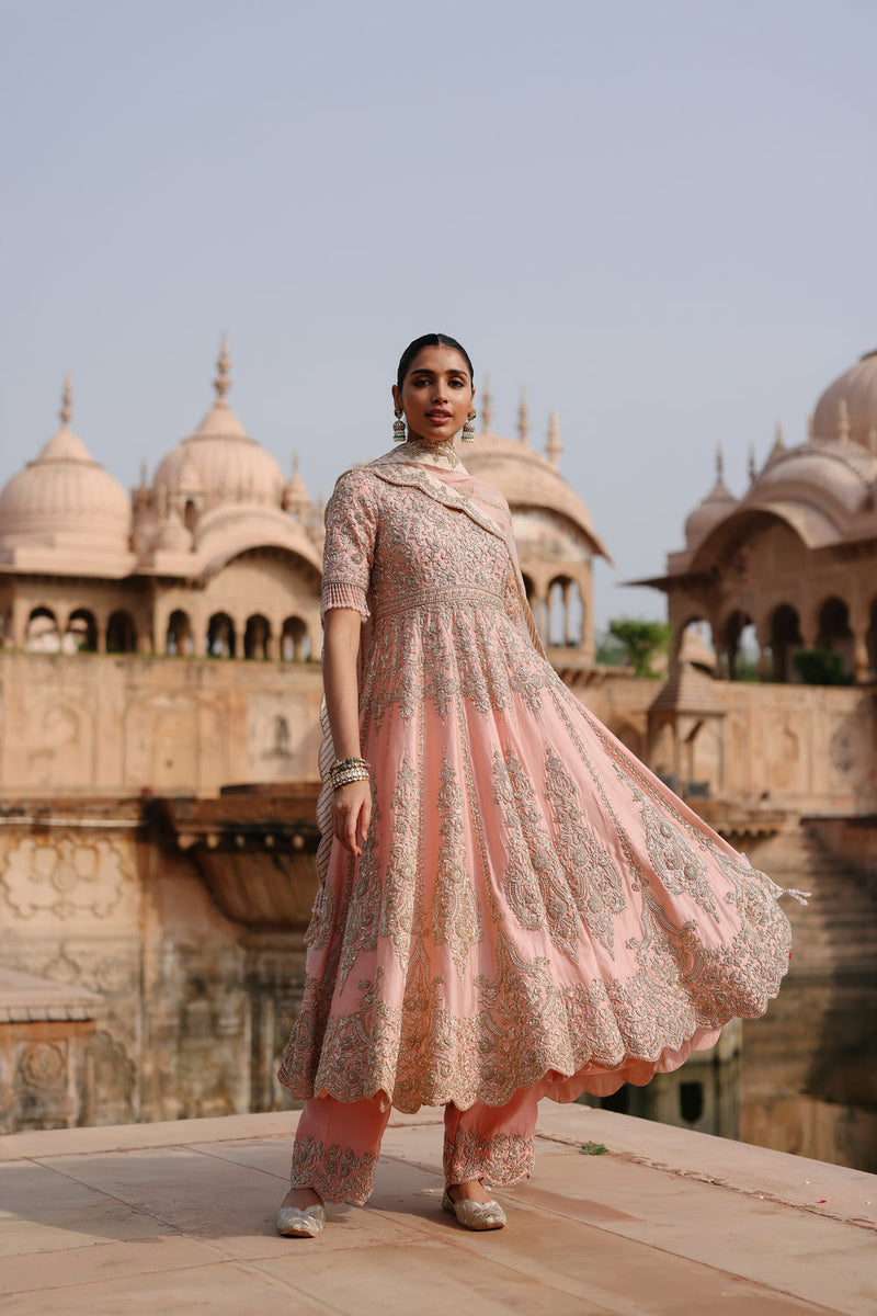 Mahrosh-Pink Kalidaar Anarkali Set With Palazzo And Dupatta silk chanderi, silk organza kurta/kurta set by SHEETAL BATRA in pink for women in Singapore