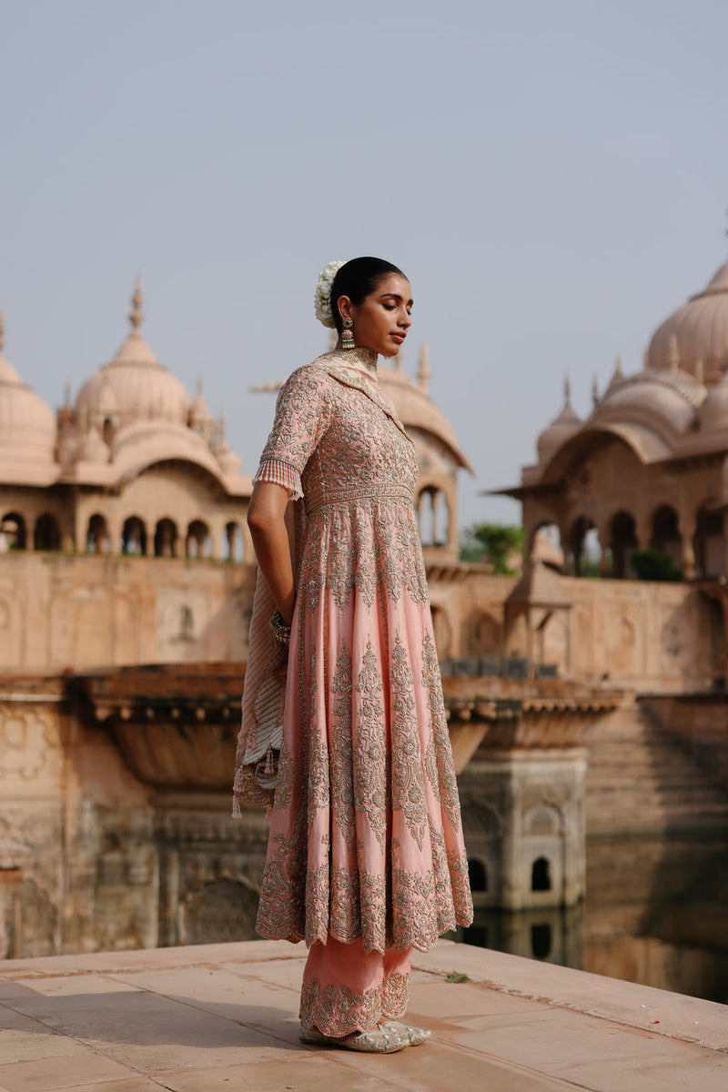 Mahrosh-Pink Kalidaar Anarkali Set With Palazzo And Dupatta silk chanderi, silk organza kurta/kurta set by SHEETAL BATRA in pink for women in Singapore