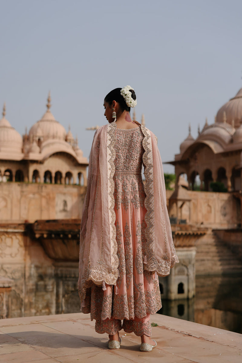 Mahrosh-Pink Kalidaar Anarkali Set With Palazzo And Dupatta silk chanderi, silk organza kurta/kurta set by SHEETAL BATRA in pink for women in Singapore