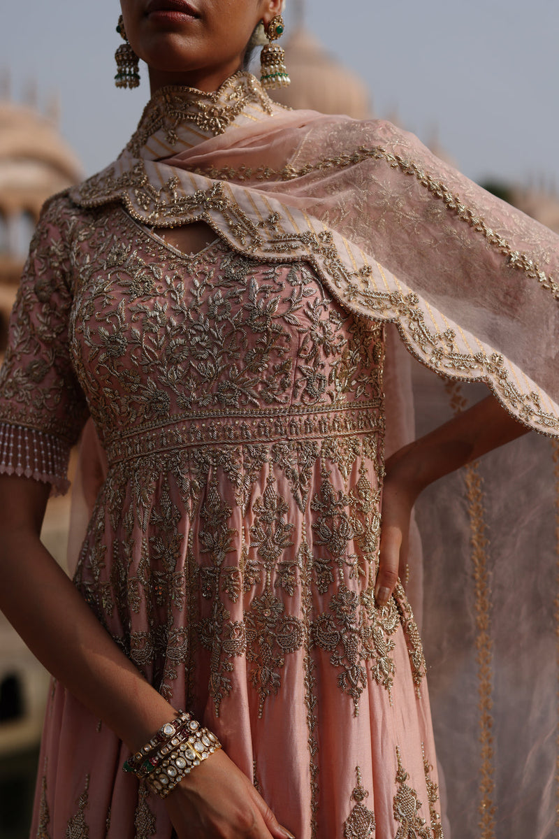 Mahrosh-Pink Kalidaar Anarkali Set With Palazzo And Dupatta silk chanderi, silk organza kurta/kurta set by SHEETAL BATRA in pink for women in Singapore