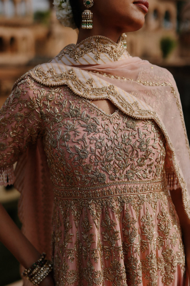 Mahrosh-Pink Kalidaar Anarkali Set With Palazzo And Dupatta silk chanderi, silk organza kurta/kurta set by SHEETAL BATRA in pink for women in Singapore