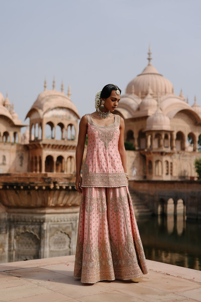 Tasnim-Pink Kurta Set With Sharara And Dupatta silk chanderi, silk organza kurta/kurta set by SHEETAL BATRA in pink for women in Singapore