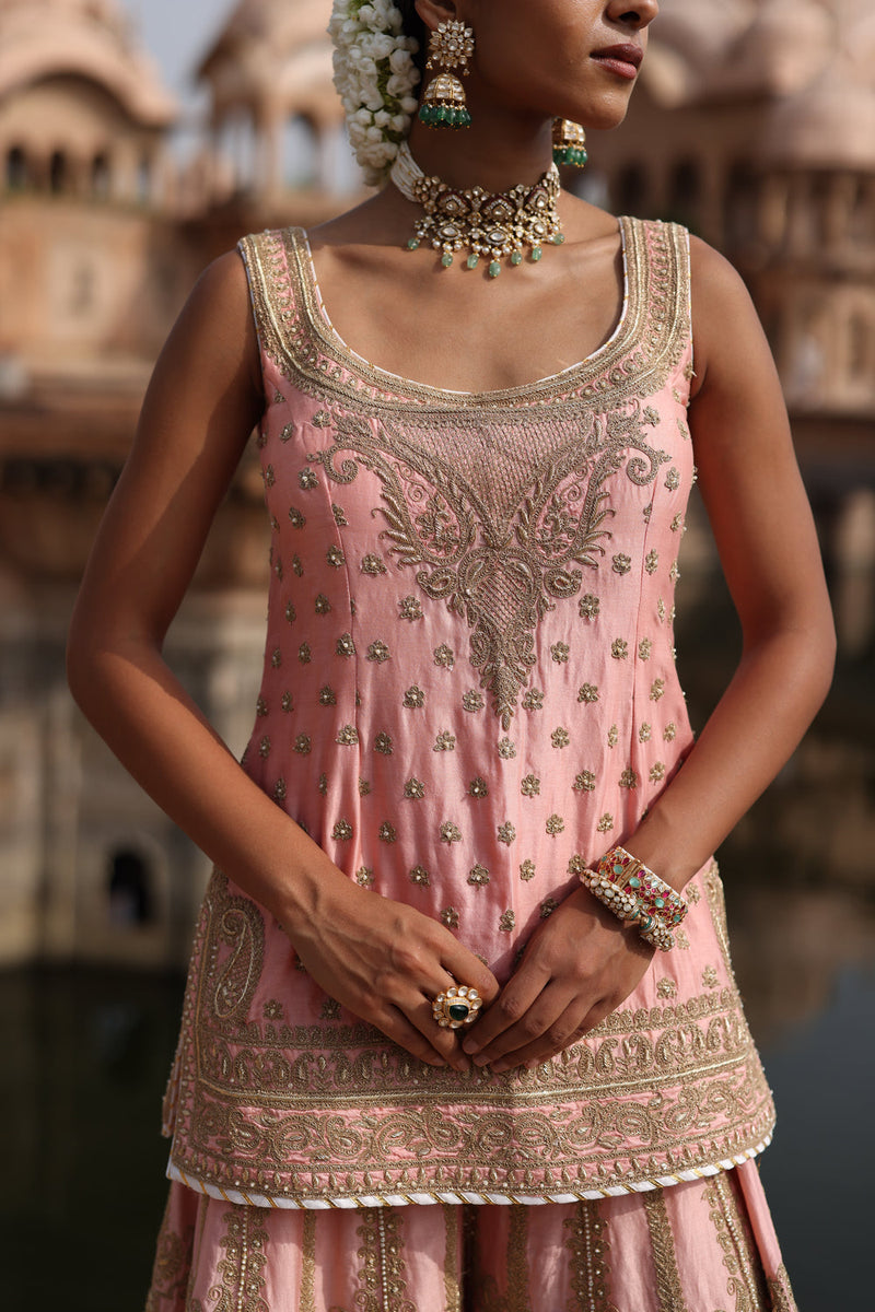 Tasnim-Pink Kurta Set With Sharara And Dupatta silk chanderi, silk organza kurta/kurta set by SHEETAL BATRA in pink for women in Singapore