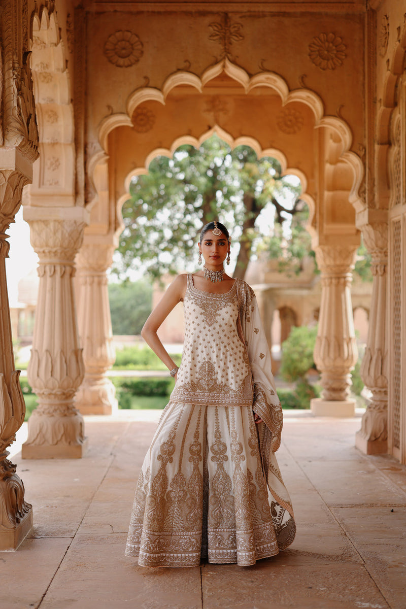Shabnam-Daisy Ivory Kurta Set With Sharara And Dupatta silk chanderi kurta/kurta set by SHEETAL BATRA in ivory for women in Singapore