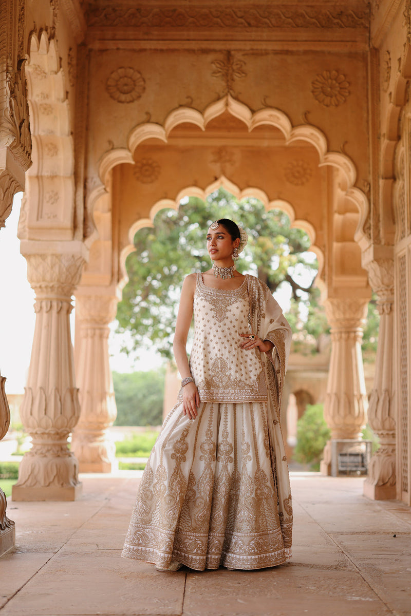 Shabnam-Daisy Ivory Kurta Set With Sharara And Dupatta silk chanderi kurta/kurta set by SHEETAL BATRA in ivory for women in Singapore