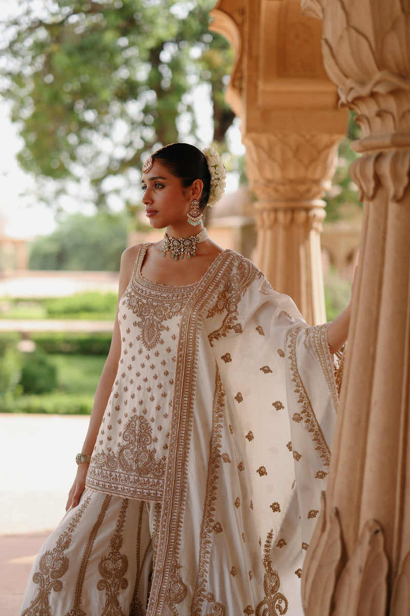 Shabnam-Daisy Ivory Kurta Set With Sharara And Dupatta silk chanderi kurta/kurta set by SHEETAL BATRA in ivory for women in Singapore