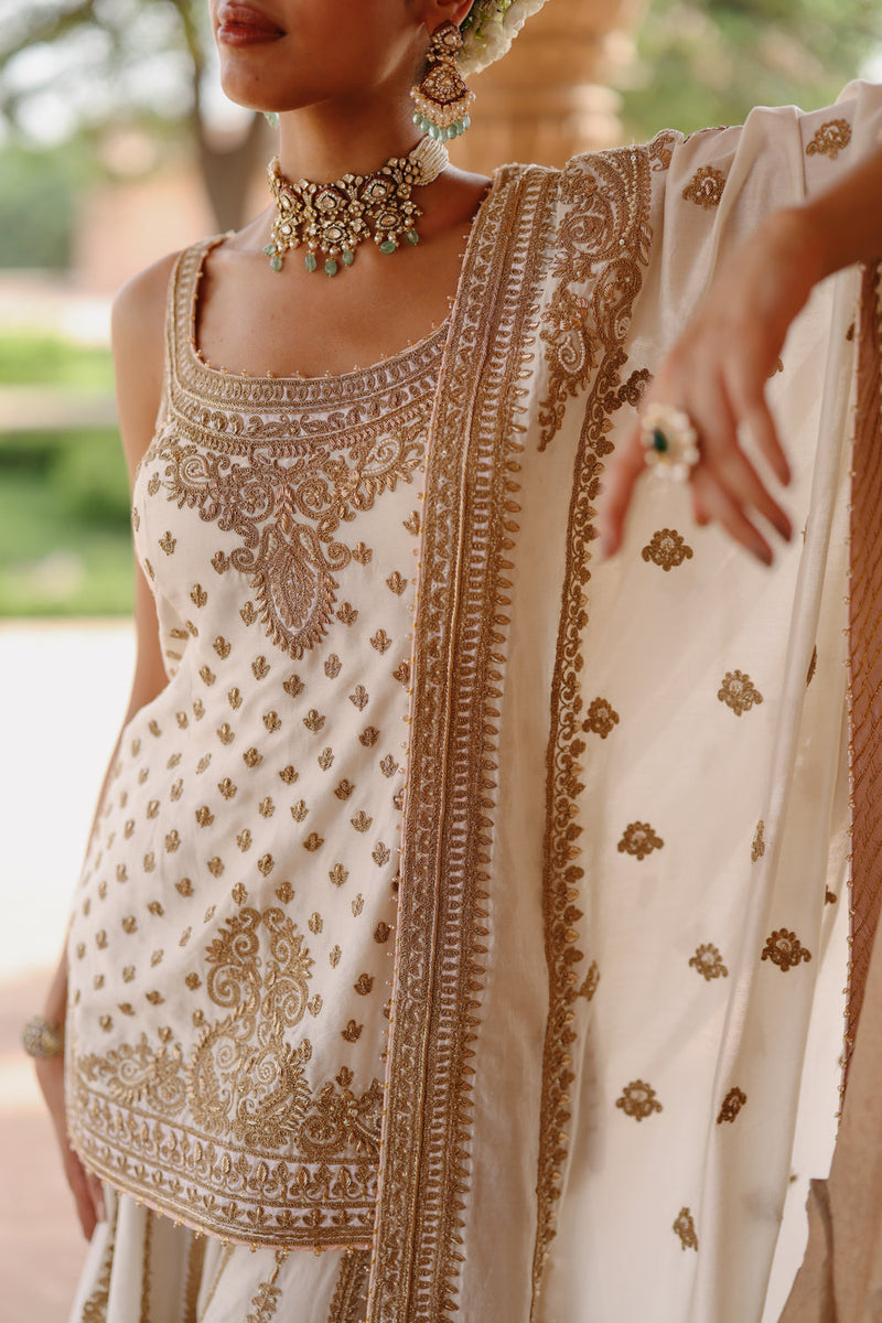 Shabnam-Daisy Ivory Kurta Set With Sharara And Dupatta silk chanderi kurta/kurta set by SHEETAL BATRA in ivory for women in Singapore