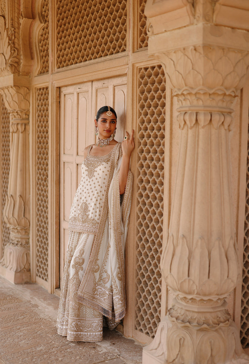 Shabnam-Daisy Ivory Kurta Set With Sharara And Dupatta silk chanderi kurta/kurta set by SHEETAL BATRA in ivory for women in Singapore