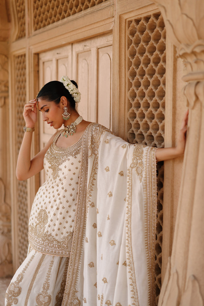 Shabnam-Daisy Ivory Kurta Set With Sharara And Dupatta silk chanderi kurta/kurta set by SHEETAL BATRA in ivory for women in Singapore