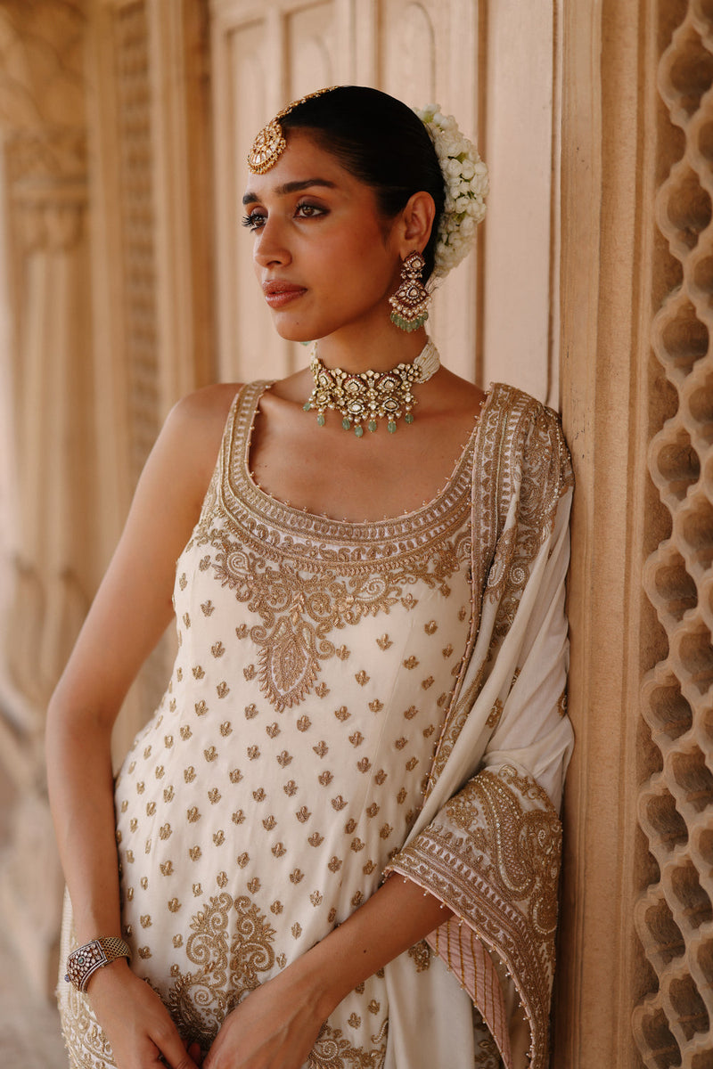Shabnam-Daisy Ivory Kurta Set With Sharara And Dupatta silk chanderi kurta/kurta set by SHEETAL BATRA in ivory for women in Singapore