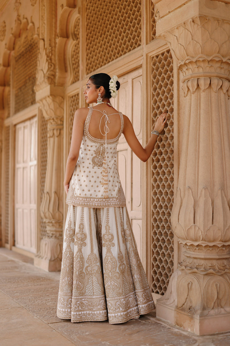 Shabnam-Daisy Ivory Kurta Set With Sharara And Dupatta silk chanderi kurta/kurta set by SHEETAL BATRA in ivory for women in Singapore