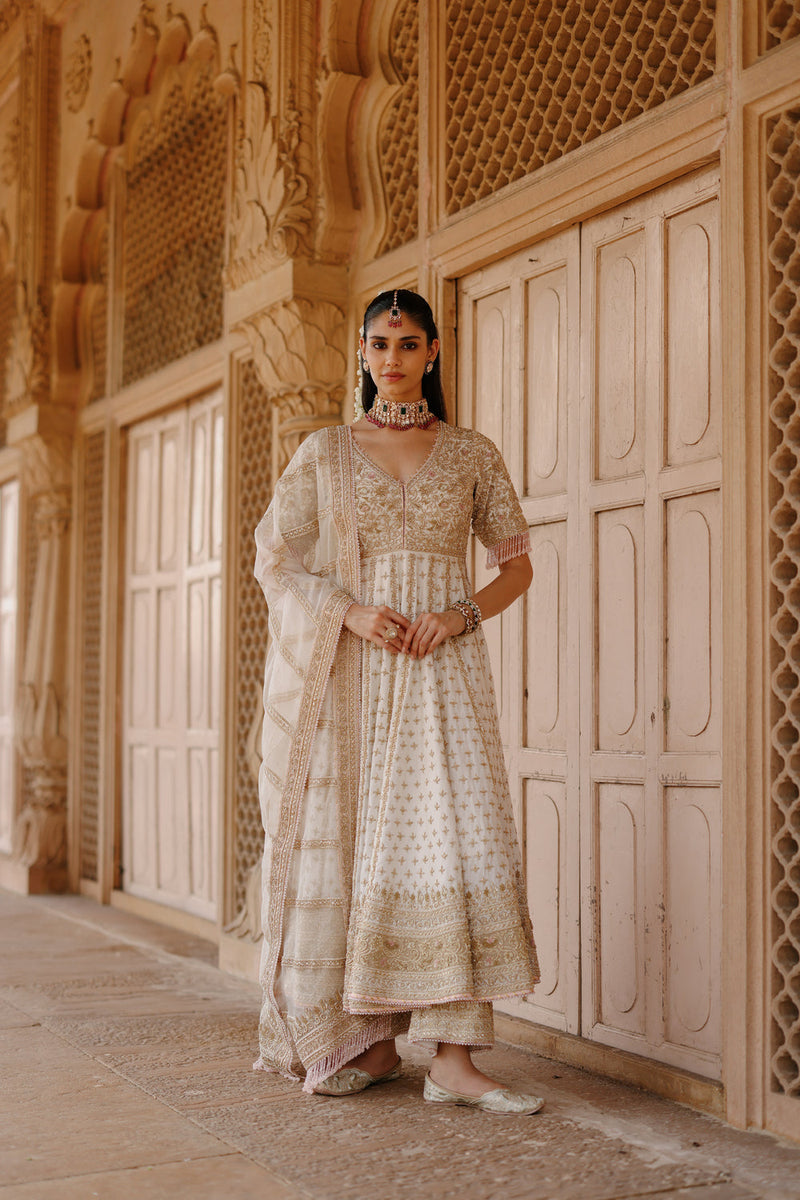 Nafees-Daisy Ivory Kalidaar Anarkali Set With Palazzo And Dupatta silk chanderi, silk organza kurta/kurta set by SHEETAL BATRA in ivory for women in Singapore