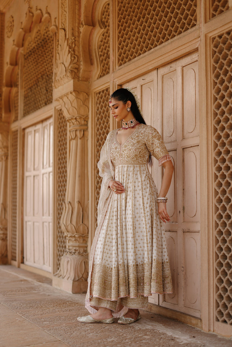 Nafees-Daisy Ivory Kalidaar Anarkali Set With Palazzo And Dupatta silk chanderi, silk organza kurta/kurta set by SHEETAL BATRA in ivory for women in Singapore