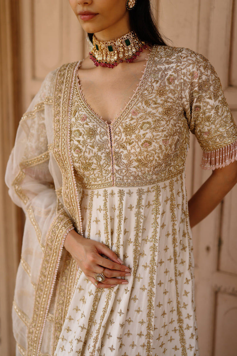 Nafees-Daisy Ivory Kalidaar Anarkali Set With Palazzo And Dupatta silk chanderi, silk organza kurta/kurta set by SHEETAL BATRA in ivory for women in Singapore