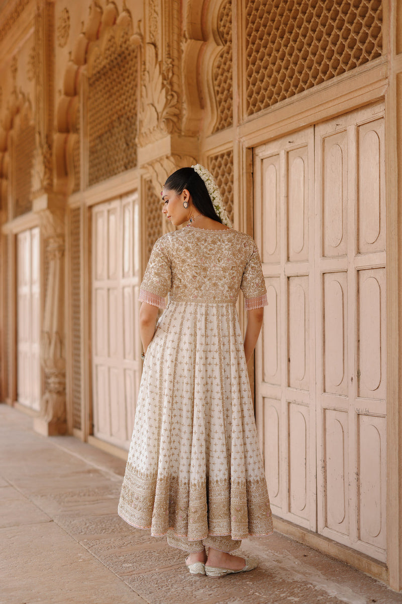 Nafees-Daisy Ivory Kalidaar Anarkali Set With Palazzo And Dupatta silk chanderi, silk organza kurta/kurta set by SHEETAL BATRA in ivory for women in Singapore