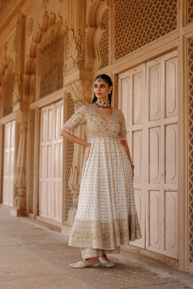 Nafees-Daisy Ivory Kalidaar Anarkali Set With Palazzo And Dupatta silk chanderi, silk organza kurta/kurta set by SHEETAL BATRA in ivory for women in Singapore