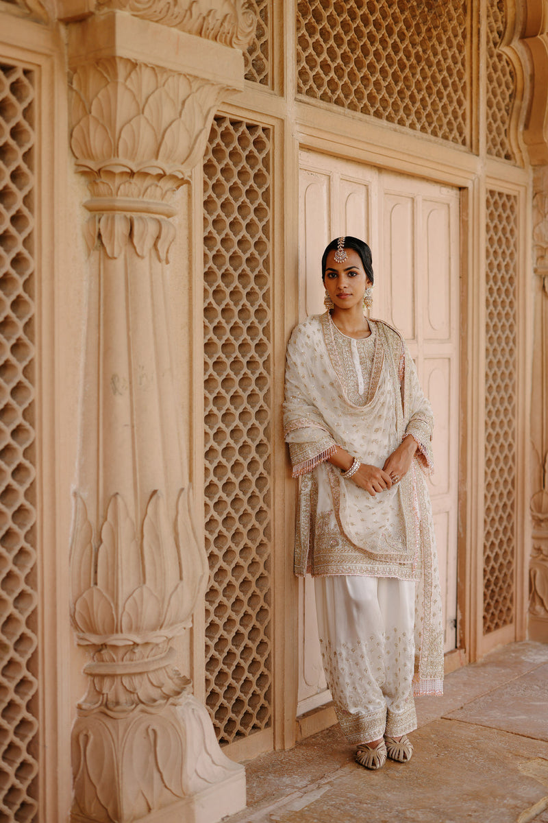 Ansha-Daisy Ivory Short Kurta Set With Salwar And Dupatta silk chanderi, silk organza kurta/kurta set by SHEETAL BATRA in ivory for women in Singapore