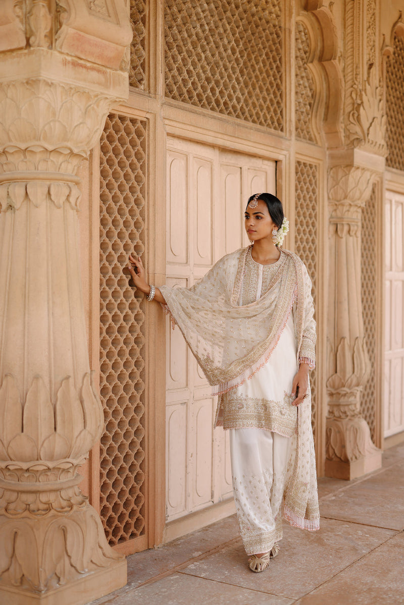 Ansha-Daisy Ivory Short Kurta Set With Salwar And Dupatta silk chanderi, silk organza kurta/kurta set by SHEETAL BATRA in ivory for women in Singapore