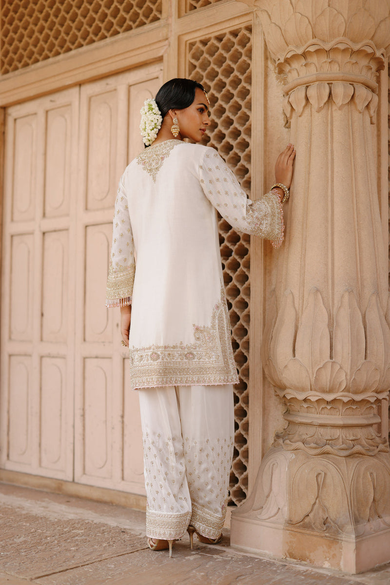 Ansha-Daisy Ivory Short Kurta Set With Salwar And Dupatta silk chanderi, silk organza kurta/kurta set by SHEETAL BATRA in ivory for women in Singapore
