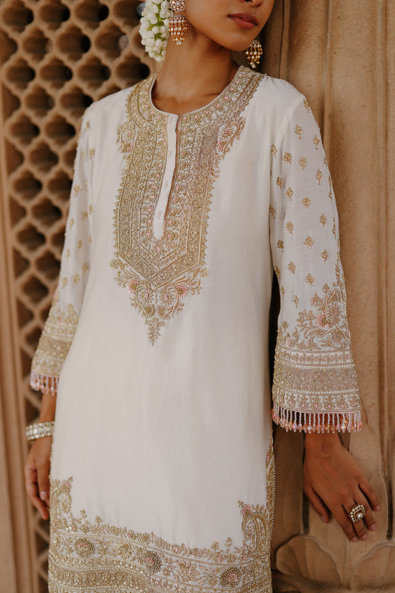 Ansha-Daisy Ivory Short Kurta Set With Salwar And Dupatta silk chanderi, silk organza kurta/kurta set by SHEETAL BATRA in ivory for women in Singapore