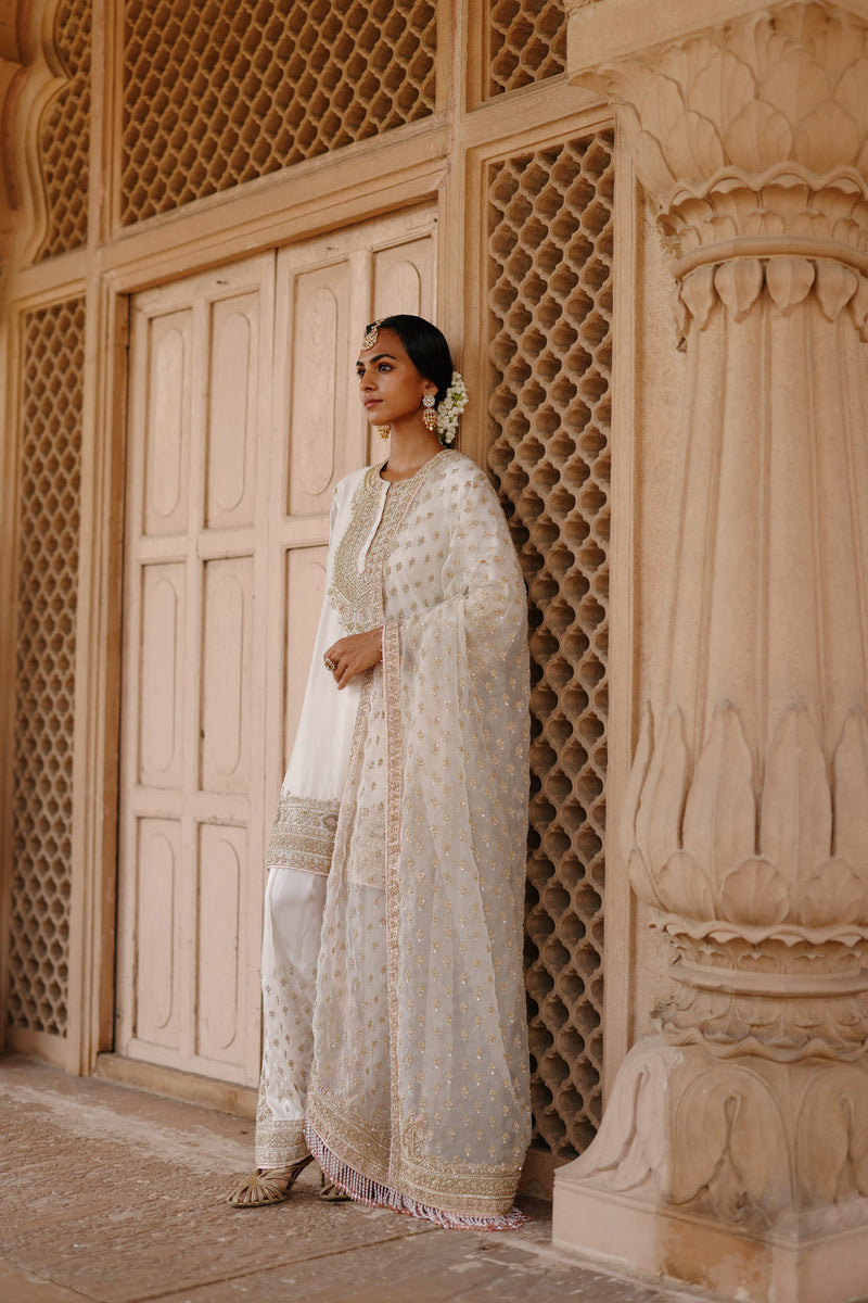 Ansha-Daisy Ivory Short Kurta Set With Salwar And Dupatta silk chanderi, silk organza kurta/kurta set by SHEETAL BATRA in ivory for women in Singapore