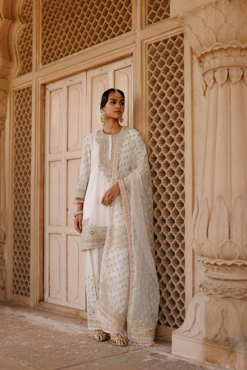 Ansha-Daisy Ivory Short Kurta Set With Salwar And Dupatta silk chanderi, silk organza kurta/kurta set by SHEETAL BATRA in ivory for women in Singapore
