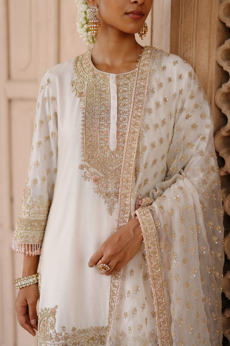 Ansha-Daisy Ivory Short Kurta Set With Salwar And Dupatta silk chanderi, silk organza kurta/kurta set by SHEETAL BATRA in ivory for women in Singapore