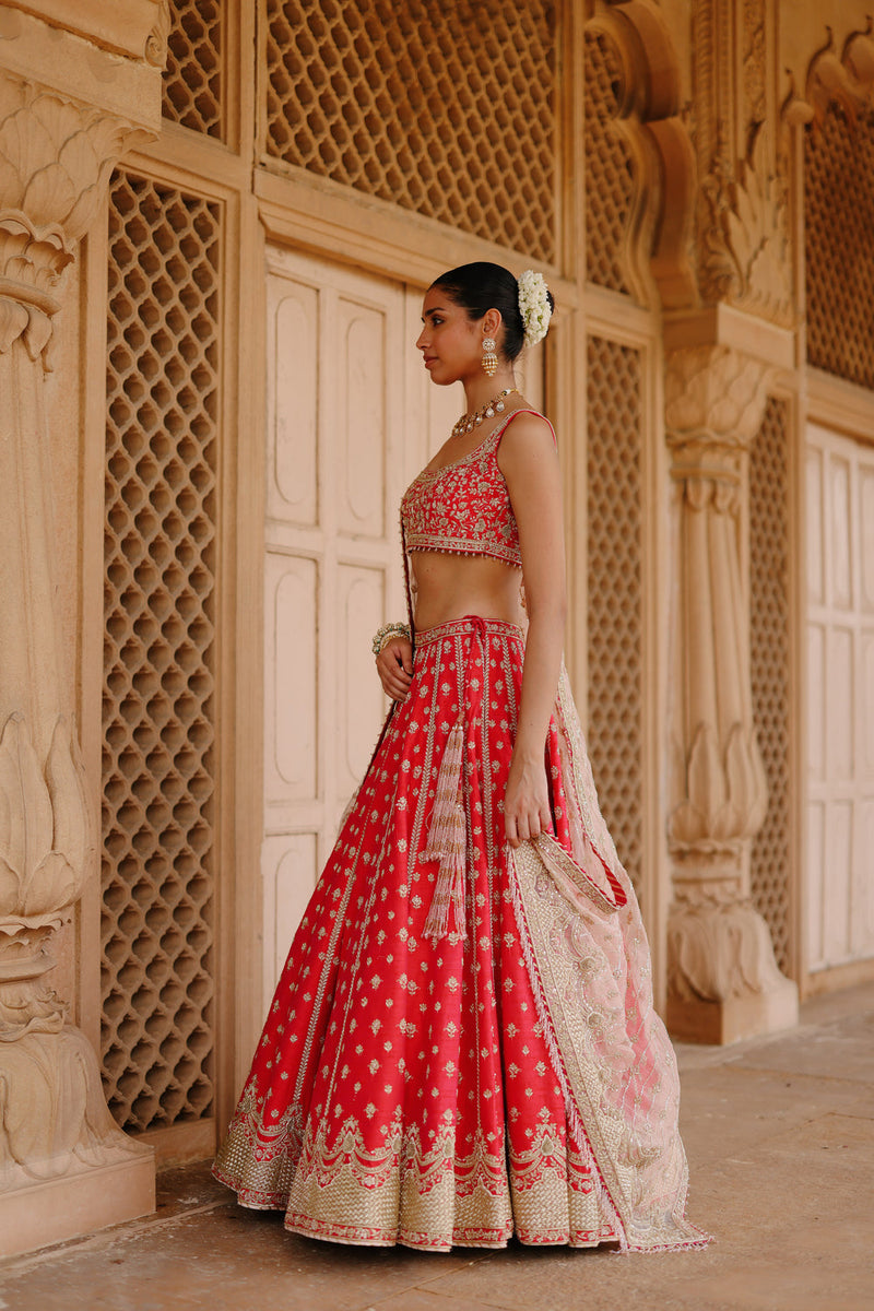 Noorbano-Hot Pink Lehenga Set With Blouse And Dupatta raw silk lehenga sets by SHEETAL BATRA in pink for women in Singapore