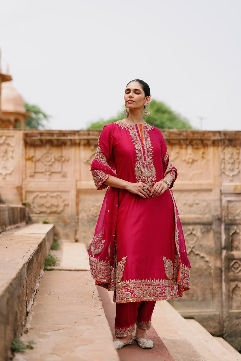 Arwa-Hot Pink Long Kurta Set With Salwar And Dupatta silk chanderi, silk organza kurta/kurta set by SHEETAL BATRA in pink for women in Singapore