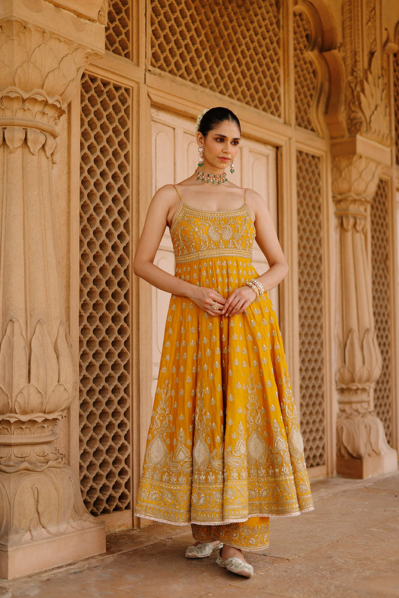 Afraa-Mustard Anarkali Set With Palazzo And Dupatta silk chanderi, silk organza kurta/kurta set by SHEETAL BATRA in mustard for women in Singapore