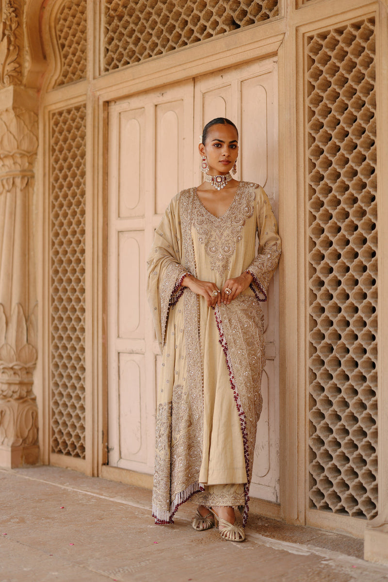 Rooh-Gold Tissue Long Kalidaar Anarkali Set With Palazzo And Dupatta silk tissue kurta/kurta set by SHEETAL BATRA in yellow for women in Singapore